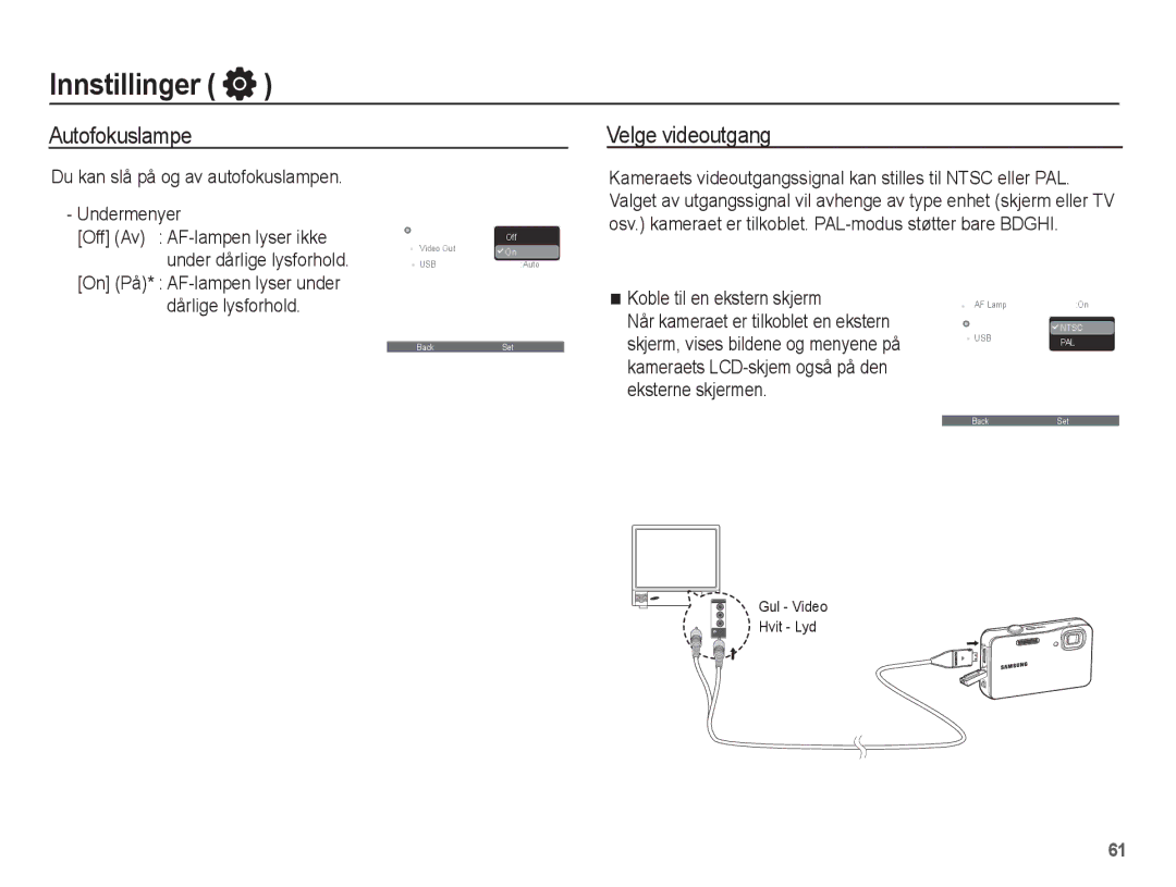 Samsung EC-WP10ZZBPRE2, EC-WP10ZZBPYE2 Autofokuslampe Velge videoutgang, Du kan slå på og av autofokuslampen Undermenyer 