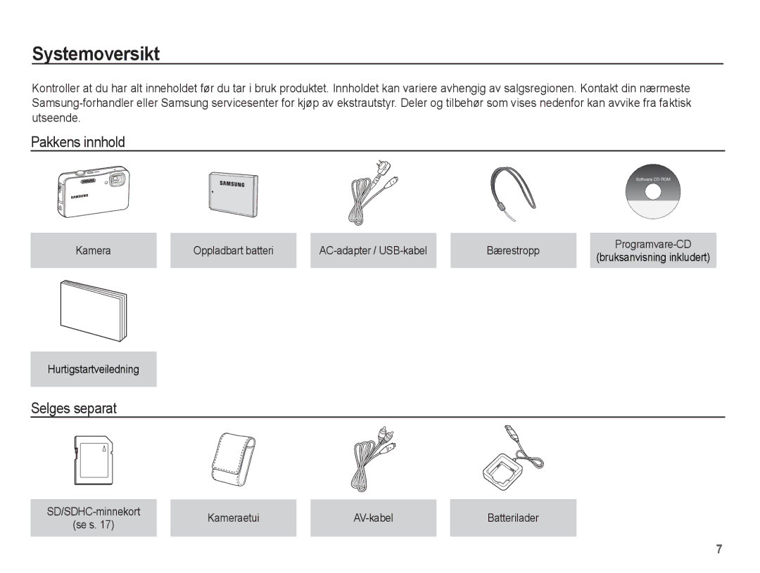 Samsung EC-WP10ZZBPRE2, EC-WP10ZZBPYE2, EC-WP10ZZBPBE2 Systemoversikt, Pakkens innhold, Selges separat, Kameraetui AV-kabel 