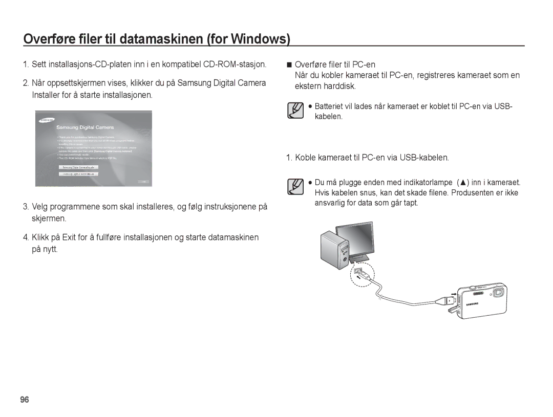 Samsung EC-WP10ZZBPBE2, EC-WP10ZZBPYE2, EC-WP10ZZBPRE2 manual Koble kameraet til PC-en via USB-kabelen 