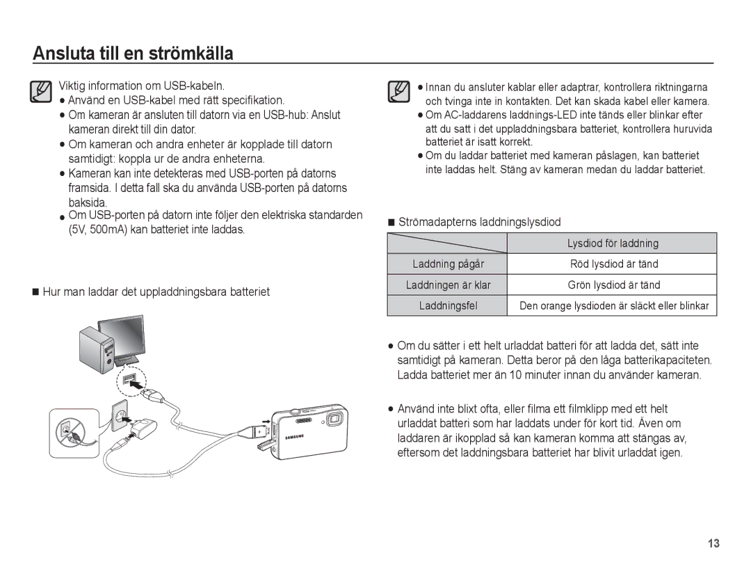 Samsung EC-WP10ZZBPRE2, EC-WP10ZZBPYE2, EC-WP10ZZBPBE2 manual Strömadapterns laddningslysdiod, Lysdiod för laddning 