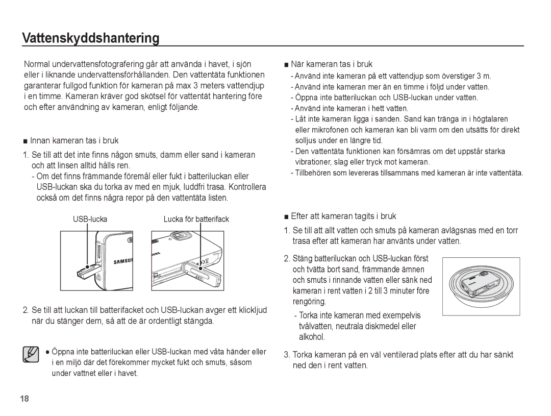 Samsung EC-WP10ZZBPBE2 manual Vattenskyddshantering, När kameran tas i bruk, Efter att kameran tagits i bruk, USB-lucka 