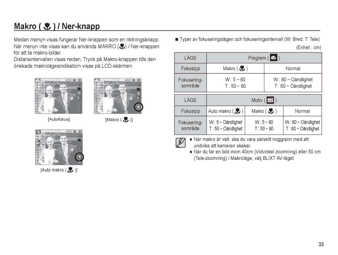 Samsung EC-WP10ZZBPBE2, EC-WP10ZZBPYE2, EC-WP10ZZBPRE2 manual Makro / Ner-knapp, Makro Normal, 80 ~ Oändlighet, Auto makro 