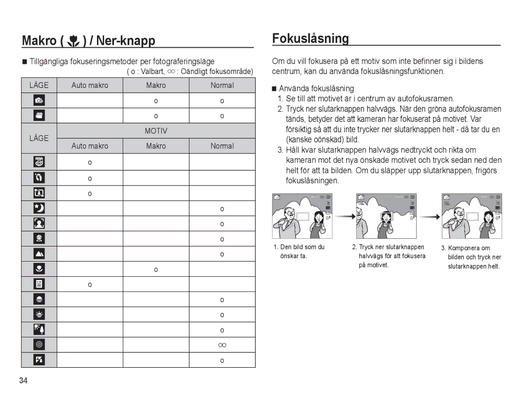 Samsung EC-WP10ZZBPRE2, EC-WP10ZZBPYE2 manual Fokuslåsning, Tillgängliga fokuseringsmetoder per fotograferingsläge, Valbart 