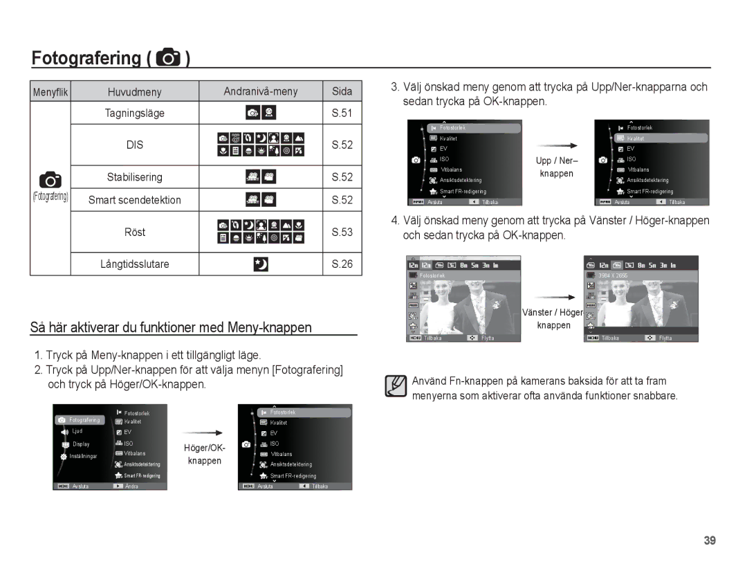 Samsung EC-WP10ZZBPBE2, EC-WP10ZZBPYE2 manual Så här aktiverar du funktioner med Meny-knappen, Sedan trycka på OK-knappen 