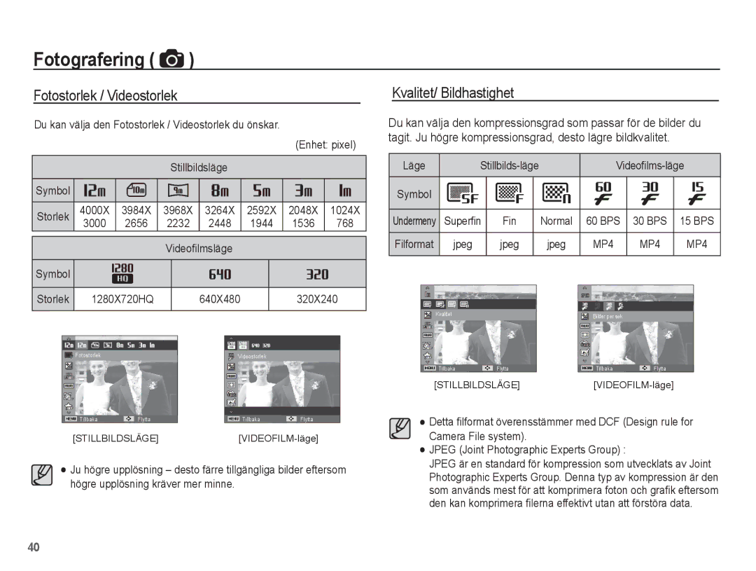 Samsung EC-WP10ZZBPRE2, EC-WP10ZZBPYE2, EC-WP10ZZBPBE2 manual Fotostorlek / Videostorlek, Kvalitet/ Bildhastighet 