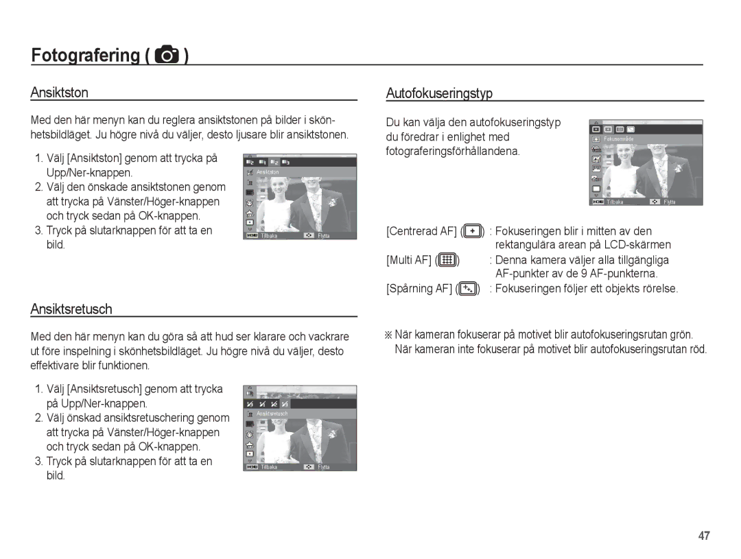 Samsung EC-WP10ZZBPYE2, EC-WP10ZZBPBE2, EC-WP10ZZBPRE2 manual Ansiktston, Autofokuseringstyp, Ansiktsretusch 