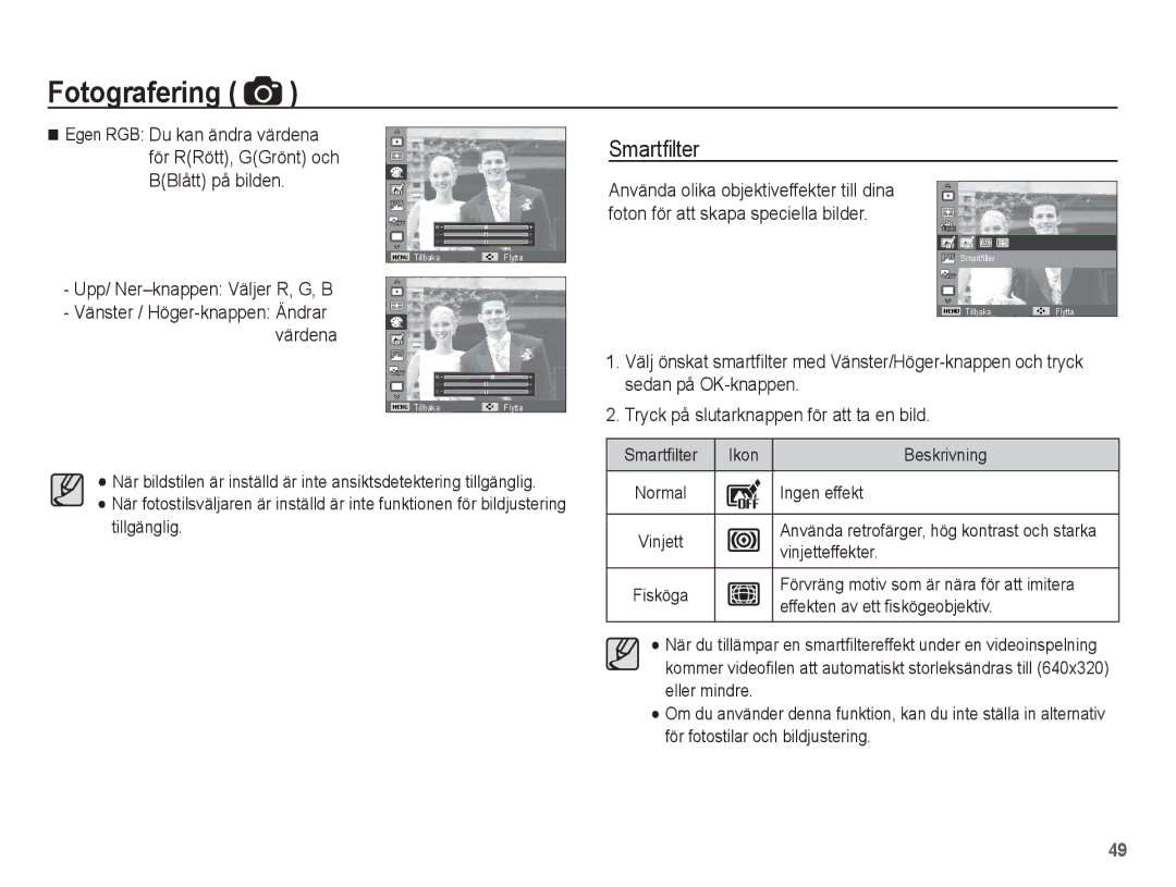 Samsung EC-WP10ZZBPRE2, EC-WP10ZZBPYE2, EC-WP10ZZBPBE2 manual Smartﬁlter, Upp/ Ner-knappen Väljer R, G, B 