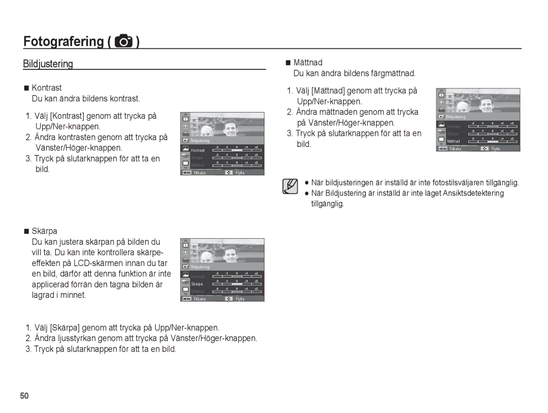 Samsung EC-WP10ZZBPYE2, EC-WP10ZZBPBE2 manual Bildjustering, Välj Mättnad genom att trycka på Upp/Ner-knappen, Skärpa 