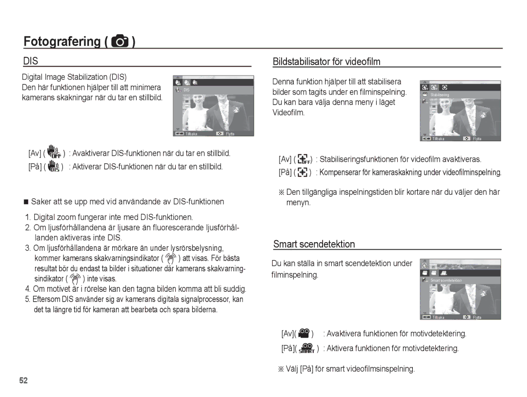 Samsung EC-WP10ZZBPRE2, EC-WP10ZZBPYE2, EC-WP10ZZBPBE2 manual Bildstabilisator för videoﬁlm, Smart scendetektion 