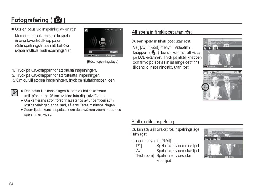 Samsung EC-WP10ZZBPBE2 Att spela in ﬁlmklippet utan röst, Ställa in ﬁlminspelning, Du kan spela in ﬁlmklippet utan röst 