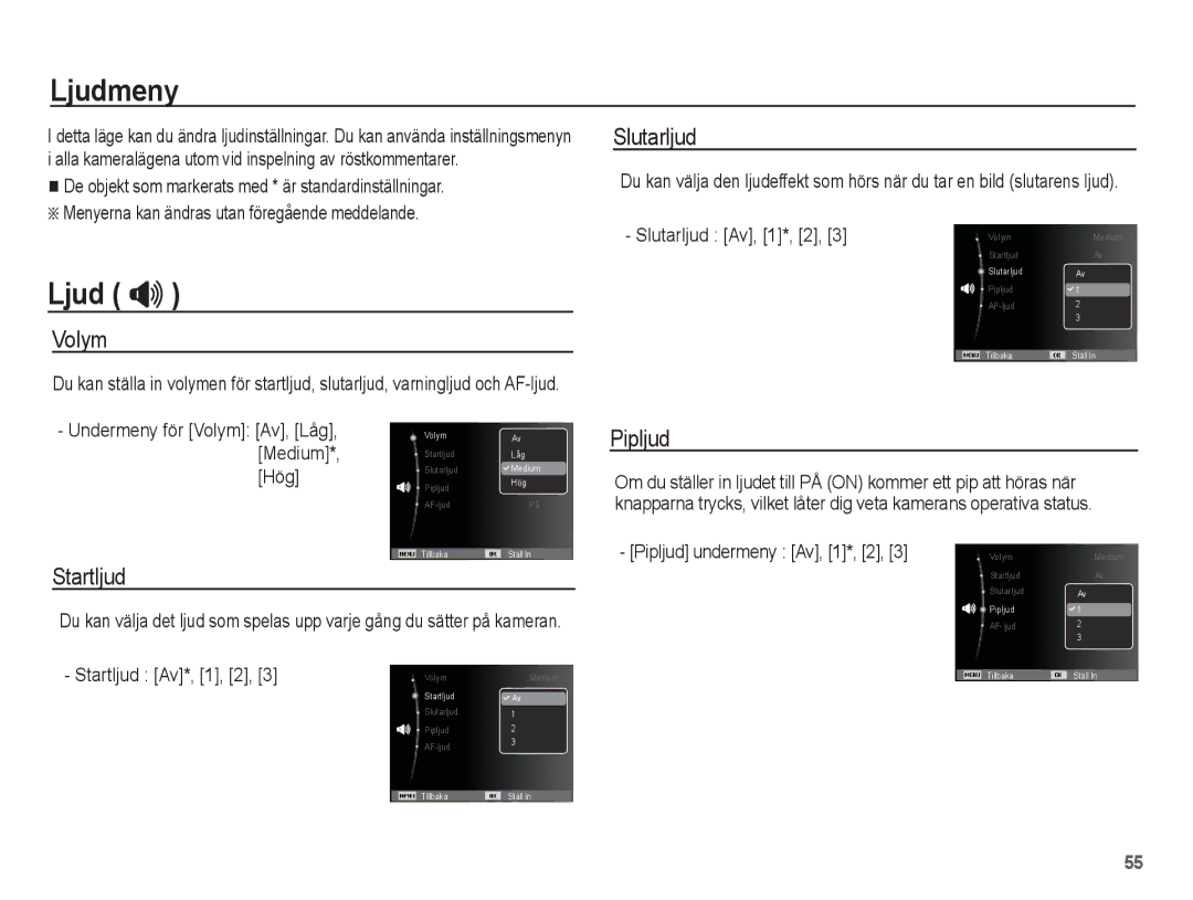 Samsung EC-WP10ZZBPRE2, EC-WP10ZZBPYE2, EC-WP10ZZBPBE2 manual Ljudmeny, Ljud  