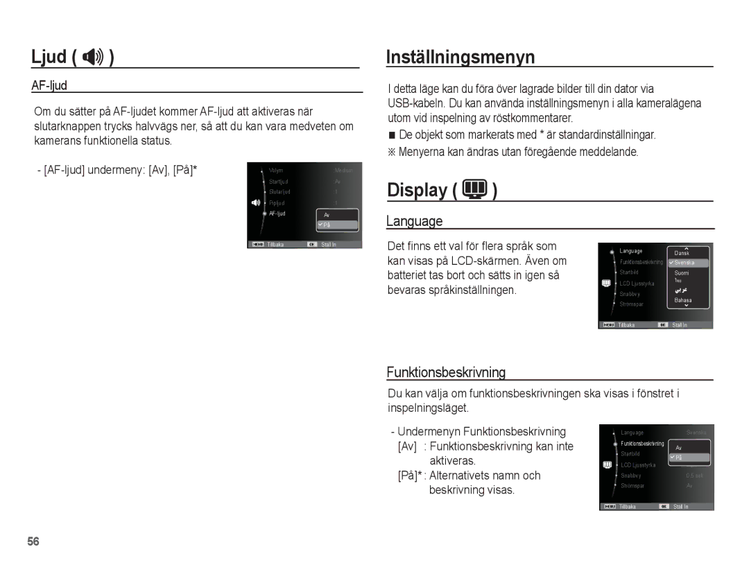 Samsung EC-WP10ZZBPYE2, EC-WP10ZZBPBE2, EC-WP10ZZBPRE2 manual Inställningsmenyn, Display, Language, Funktionsbeskrivning 