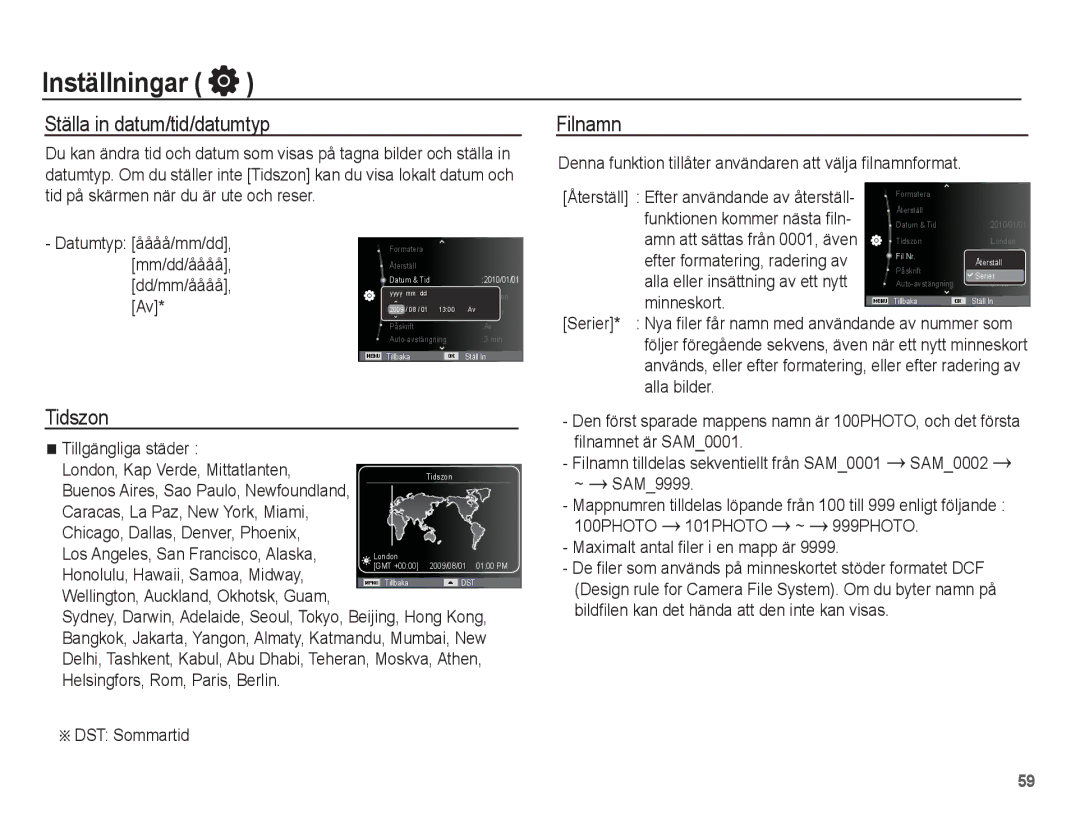 Samsung EC-WP10ZZBPYE2, EC-WP10ZZBPBE2, EC-WP10ZZBPRE2 manual Ställa in datum/tid/datumtyp, Tidszon, Filnamn 