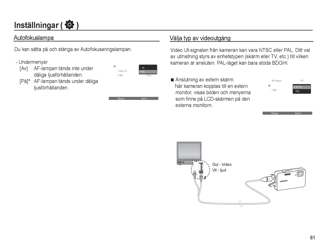 Samsung EC-WP10ZZBPRE2, EC-WP10ZZBPYE2, EC-WP10ZZBPBE2 manual Autofokuslampa Välja typ av videoutgång 