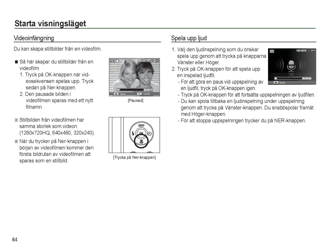 Samsung EC-WP10ZZBPRE2, EC-WP10ZZBPYE2, EC-WP10ZZBPBE2 manual Videoinfångning, Spela upp ljud 