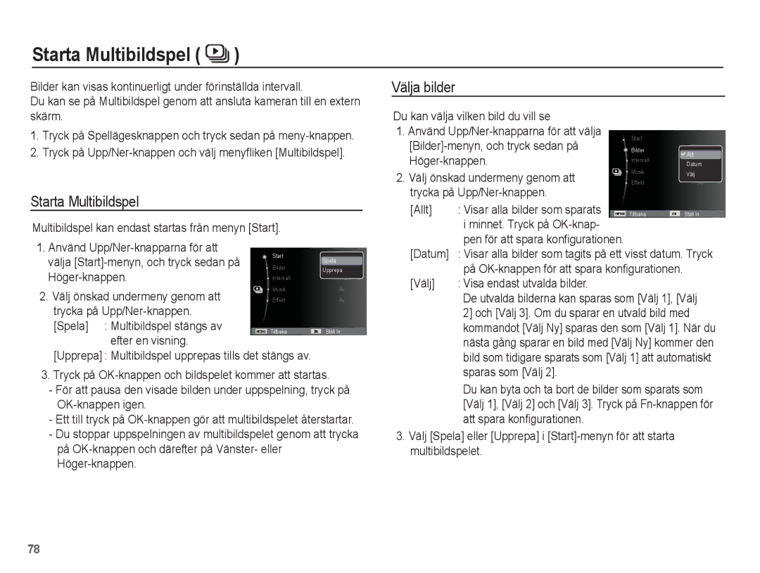 Samsung EC-WP10ZZBPBE2, EC-WP10ZZBPYE2, EC-WP10ZZBPRE2 manual Starta Multibildspel, Välja bilder 