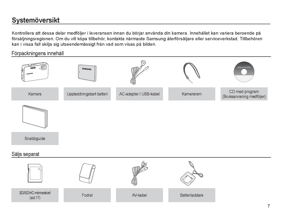 Samsung EC-WP10ZZBPRE2, EC-WP10ZZBPYE2 Systemöversikt, Förpackningens innehåll, Säljs separat, Snabbguide, Fodral AV-kabel 