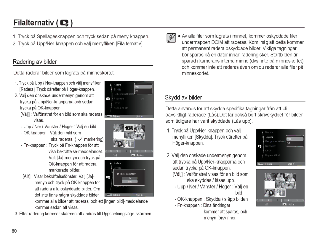 Samsung EC-WP10ZZBPYE2, EC-WP10ZZBPBE2 manual Filalternativ, Radering av bilder, Skydd av bilder, Fn-knappen Dina ändringar 