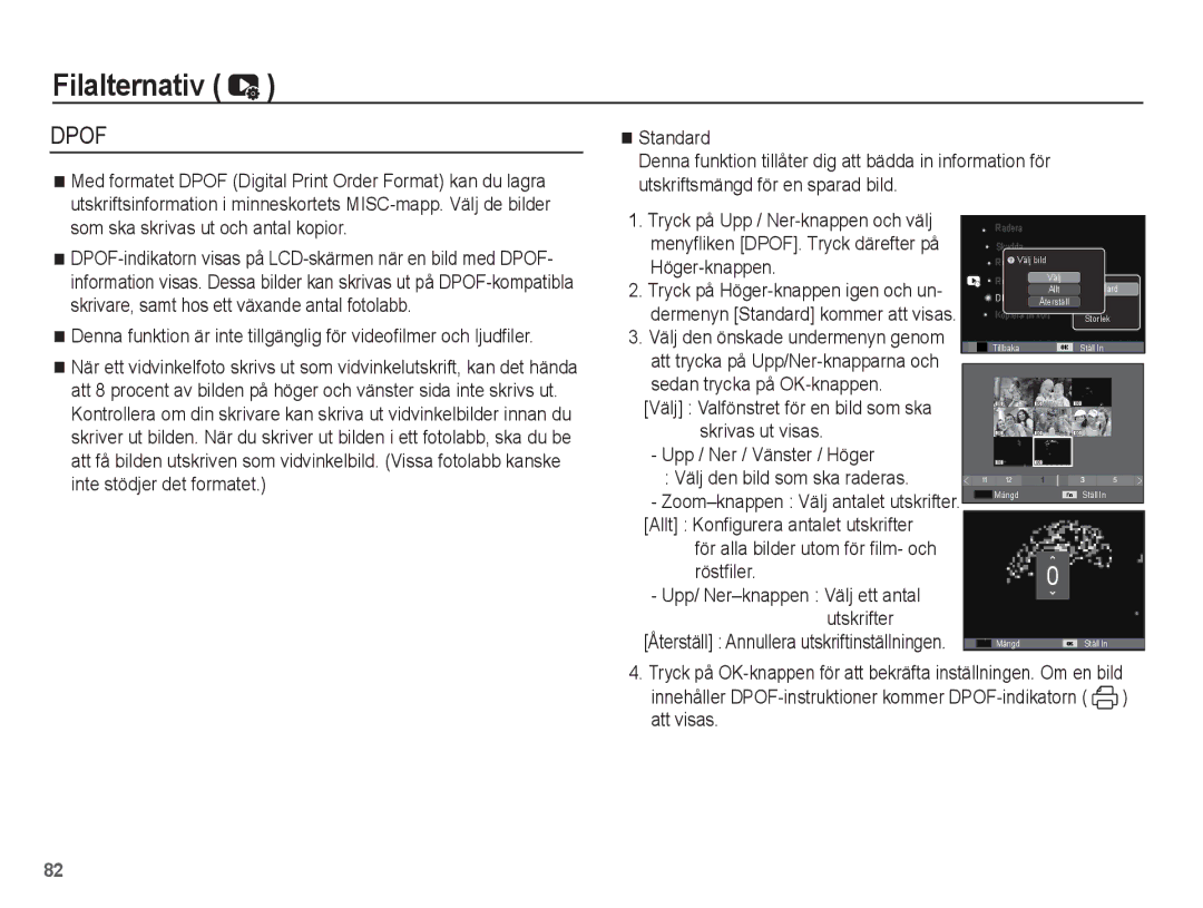 Samsung EC-WP10ZZBPRE2 manual Standard, Skrivas ut visas Upp / Ner / Vänster / Höger, Allt Konfigurera antalet utskrifter 