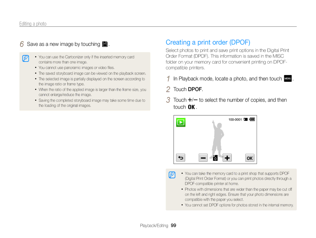 Samsung ECMV800ZBPBUS user manual Creating a print order Dpof, Save as a new image by touching, Touch Dpof 