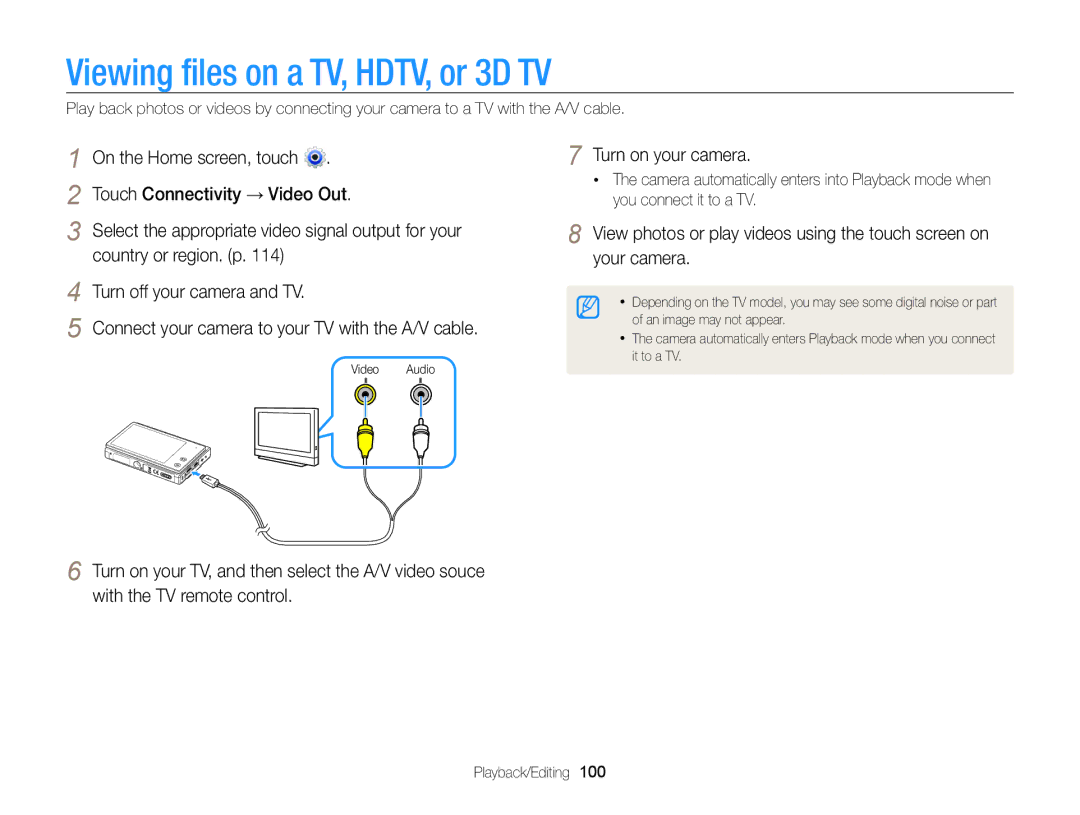 Samsung ECMV800ZBPBUS user manual Viewing files on a TV, HDTV, or 3D TV, Turn on your camera 