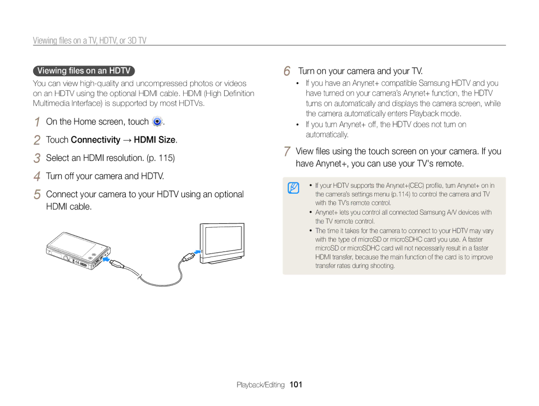 Samsung ECMV800ZBPBUS user manual Viewing files on a TV, HDTV, or 3D TV 