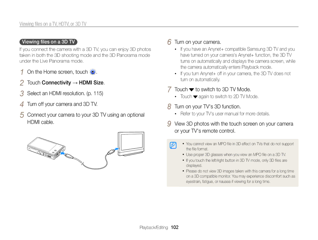 Samsung ECMV800ZBPBUS user manual Turn off your camera and 3D TV, Viewing files on a 3D TV  