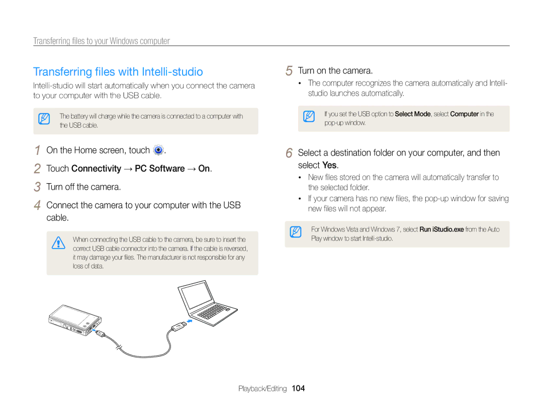 Samsung ECMV800ZBPBUS Transferring files with Intelli-studio, Transferring files to your Windows computer, Cable 