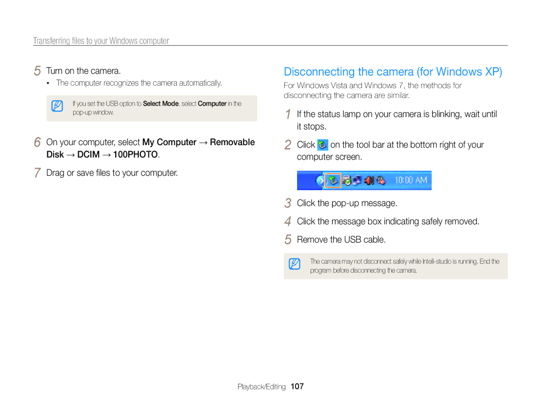 Samsung ECMV800ZBPBUS user manual Disconnecting the camera for Windows XP, Turn on the camera 