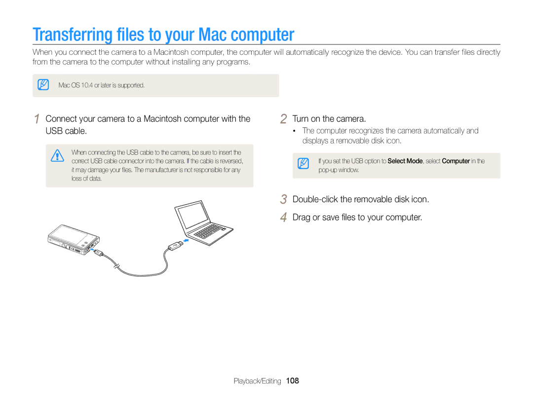 Samsung ECMV800ZBPBUS user manual Transferring files to your Mac computer 