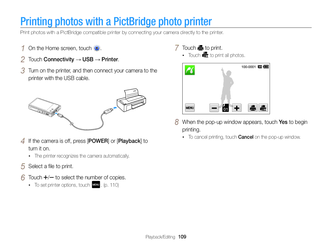 Samsung ECMV800ZBPBUS user manual Printing photos with a PictBridge photo printer 