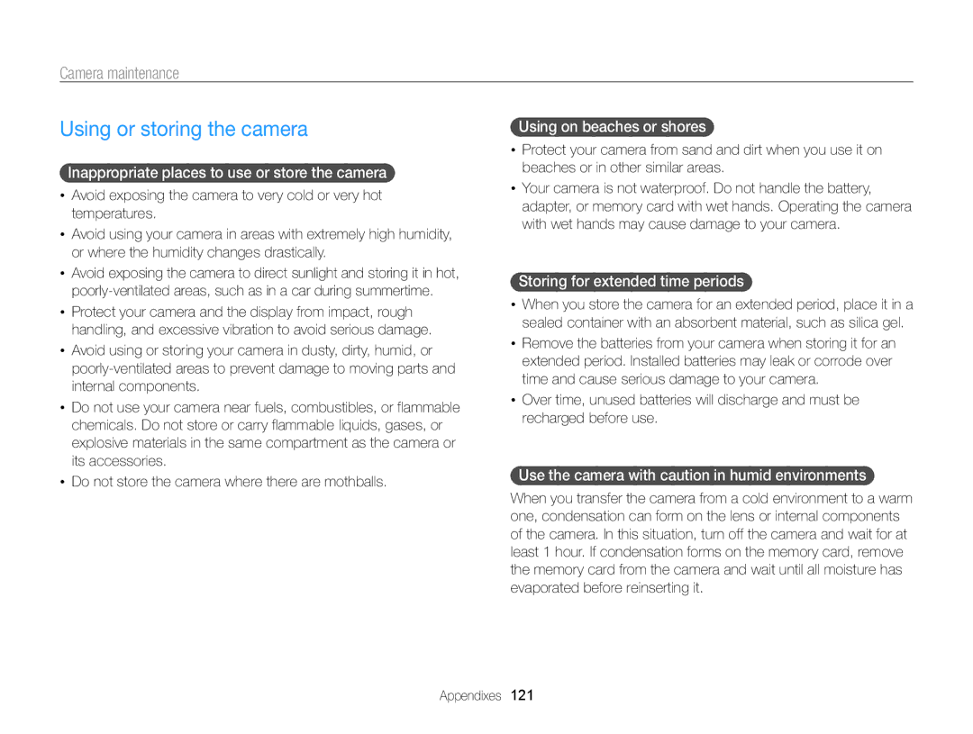 Samsung ECMV800ZBPBUS user manual Using or storing the camera, Camera maintenance 