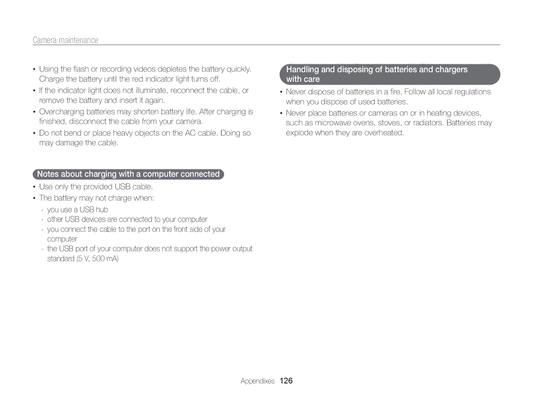 Samsung ECMV800ZBPBUS user manual Handling and disposing of batteries and chargers with care  