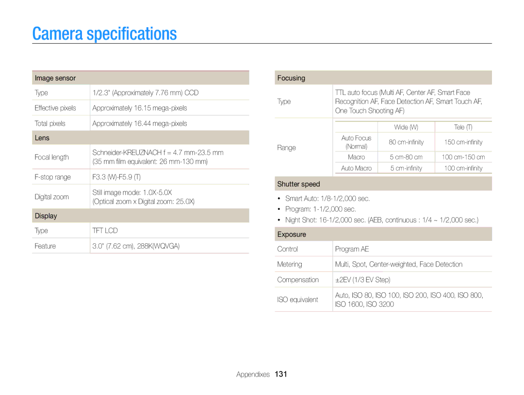 Samsung ECMV800ZBPBUS user manual Camera specifications 