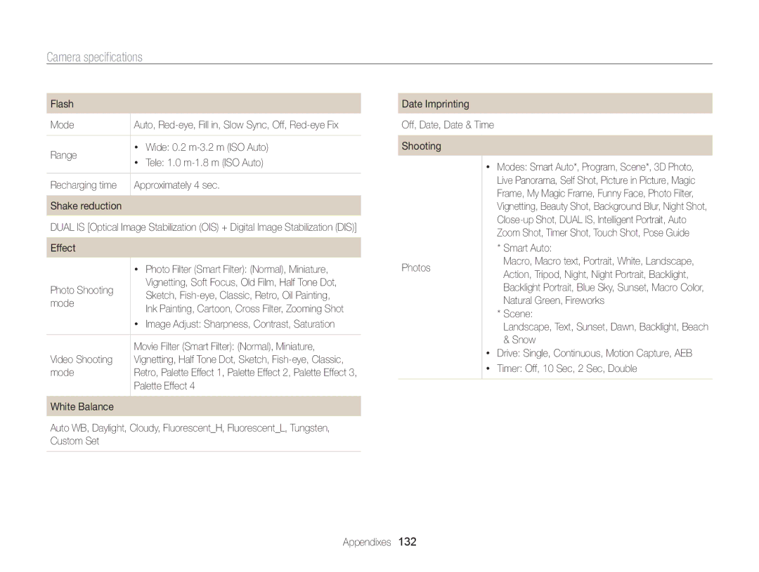 Samsung ECMV800ZBPBUS user manual Camera specifications 