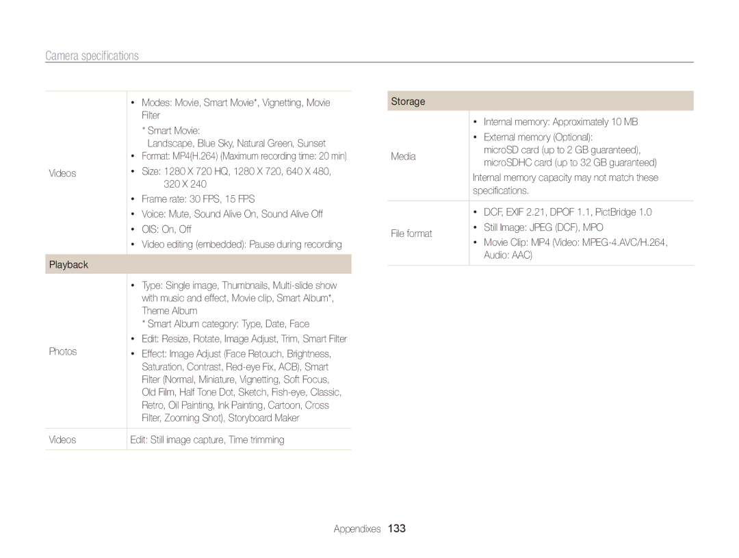 Samsung ECMV800ZBPBUS Filter, Smart Movie, Videos, 320 X, Frame rate 30 FPS, 15 FPS, OIS On, Off, Playback, Theme Album 