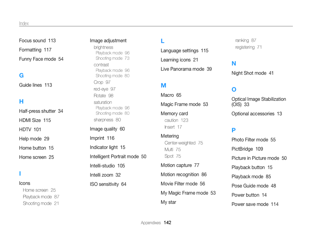 Samsung ECMV800ZBPBUS user manual Index, Crop 97 red-eye 97 Rotate 98 saturation, Sharpness, Center-weighted Multi Spot 