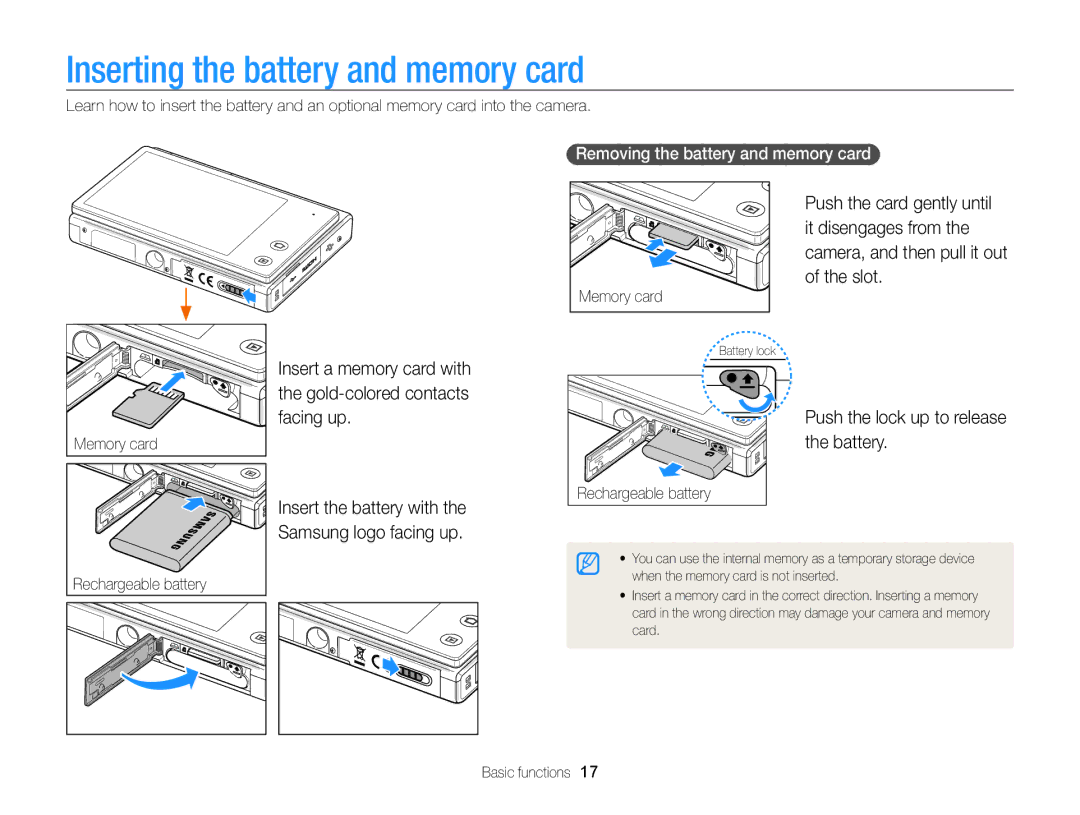 Samsung ECMV800ZBPBUS Inserting the battery and memory card, Insert the battery with Samsung logo facing up, Memory card 