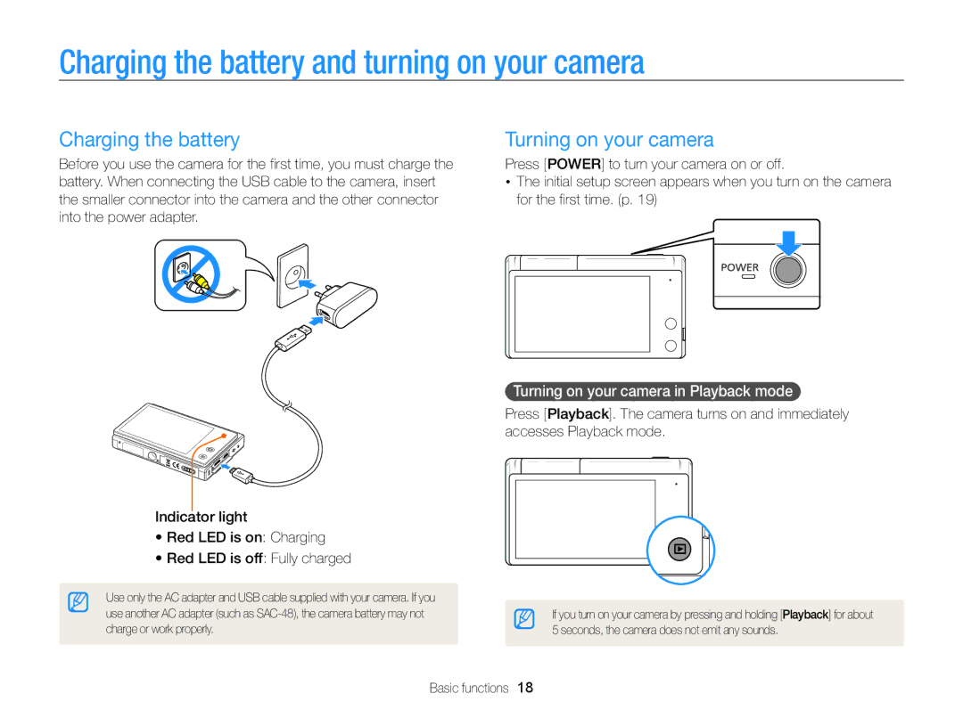 Samsung ECMV800ZBPBUS user manual Charging the battery and turning on your camera, Turning on your camera 