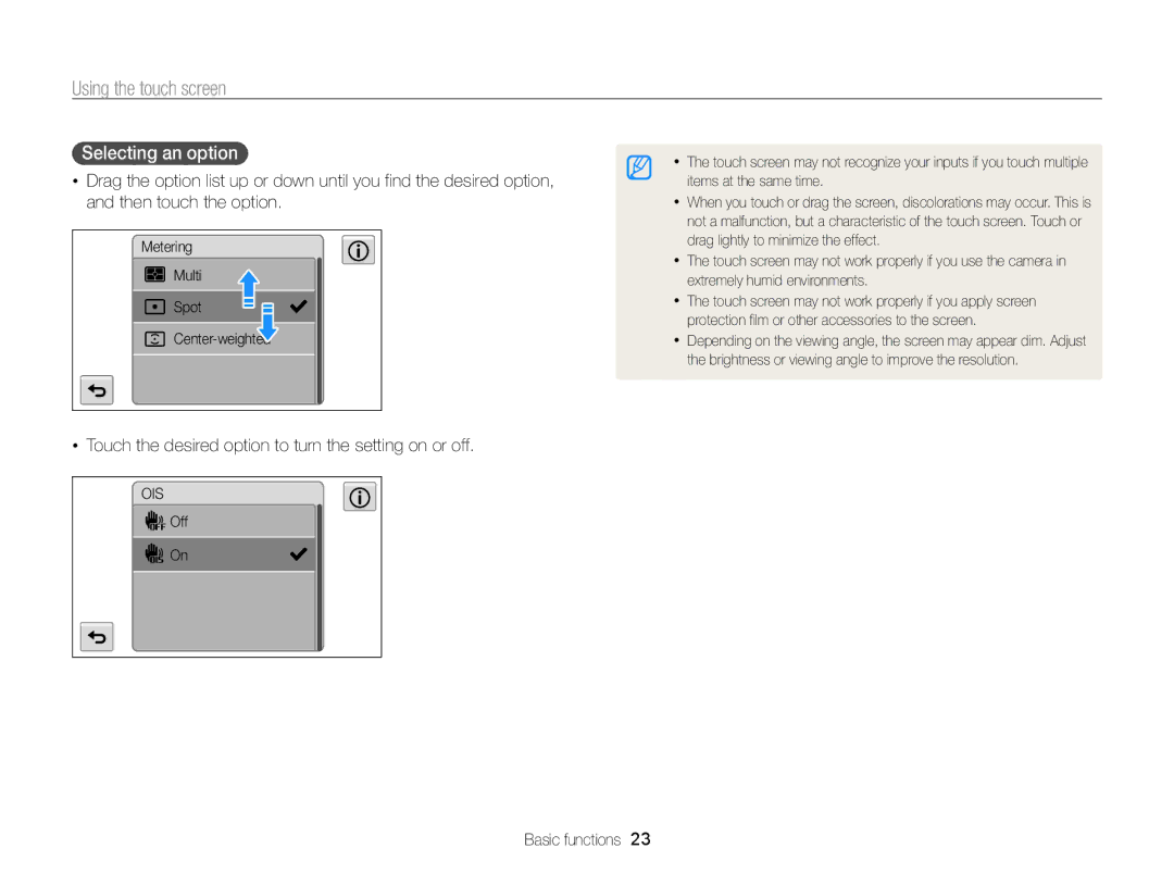 Samsung ECMV800ZBPBUS Using the touch screen, Selecting an option , Touch the desired option to turn the setting on or off 