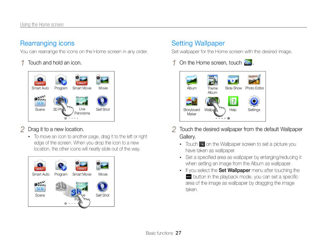 Samsung ECMV800ZBPBUS user manual Rearranging icons, Setting Wallpaper, Touch and hold an icon, Drag it to a new location 