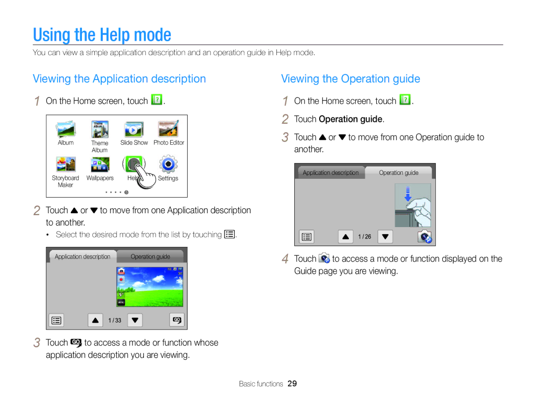 Samsung ECMV800ZBPBUS user manual Using the Help mode, Viewing the Application description, Viewing the Operation guide 