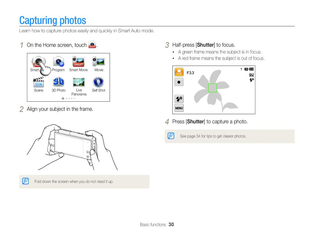 Samsung ECMV800ZBPBUS user manual Capturing photos, Half-press Shutter to focus 