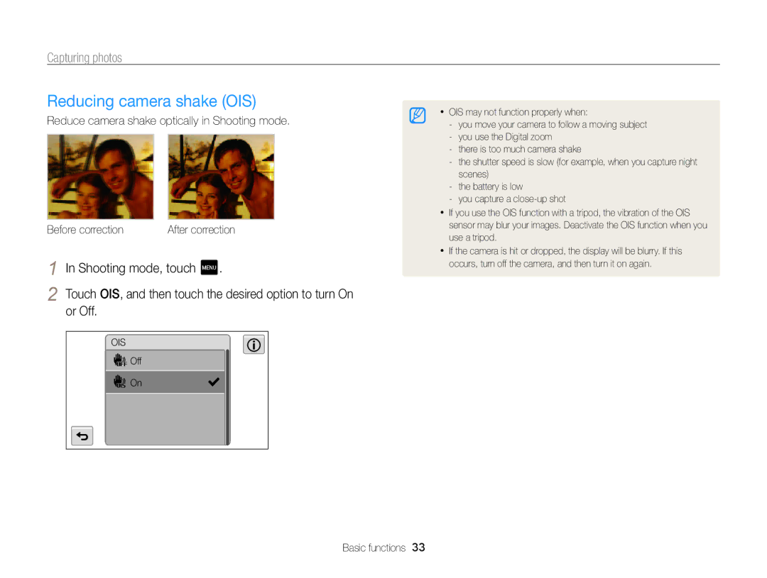 Samsung ECMV800ZBPBUS user manual Reducing camera shake OIS, Or Off 