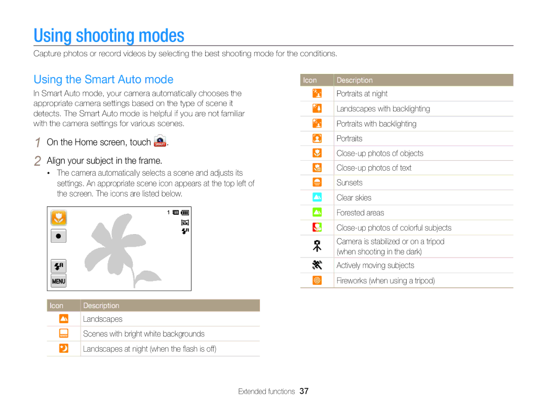 Samsung ECMV800ZBPBUS user manual Using shooting modes, Using the Smart Auto mode 