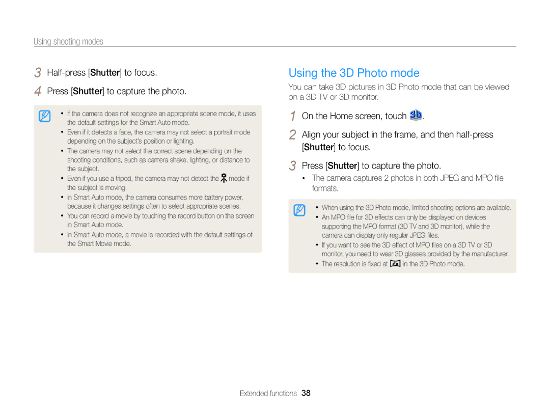 Samsung ECMV800ZBPBUS user manual Using the 3D Photo mode, Using shooting modes 