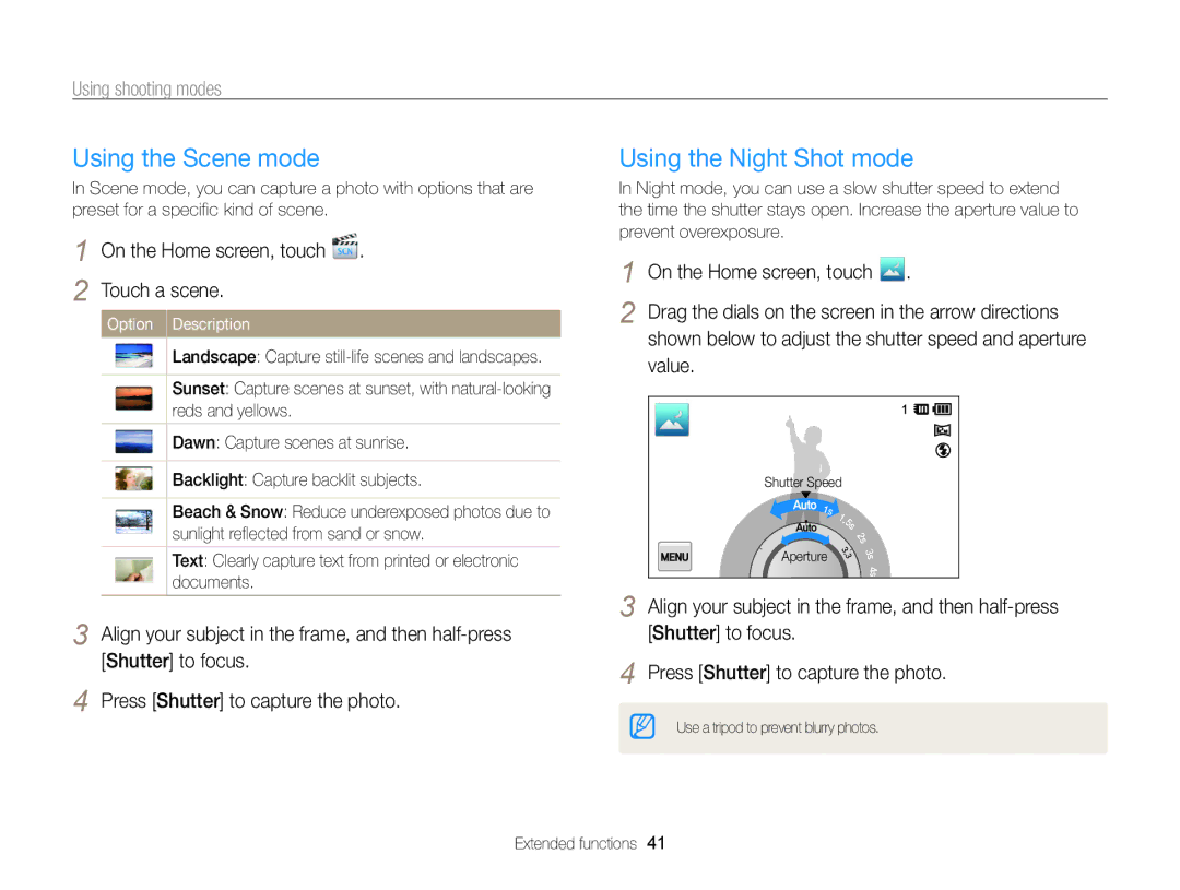 Samsung ECMV800ZBPBUS user manual Using the Scene mode, Using the Night Shot mode, Touch a scene, Value 