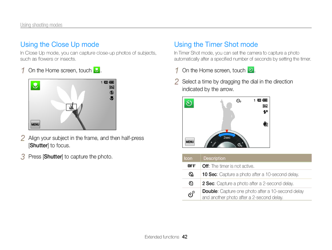 Samsung ECMV800ZBPBUS user manual Using the Close Up mode, Using the Timer Shot mode, Indicated by the arrow 