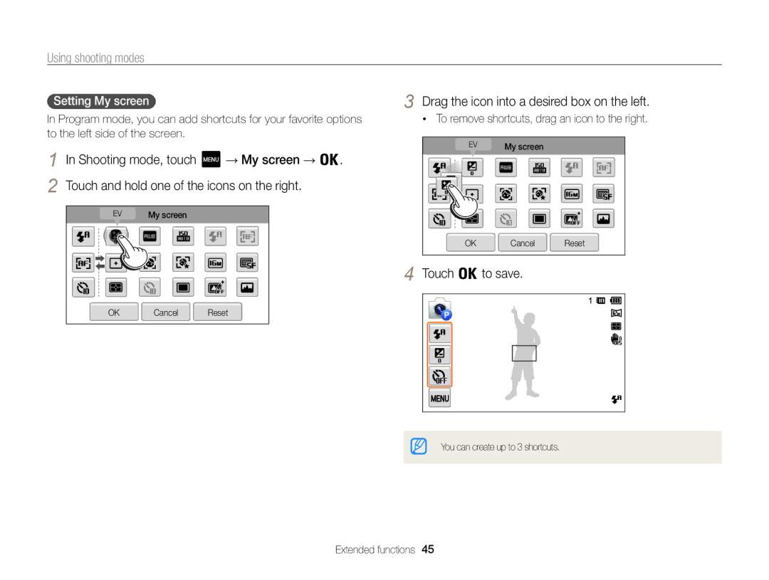 Samsung ECMV800ZBPBUS user manual Drag the icon into a desired box on the left, Shooting mode, touch → My screen →, Touch 