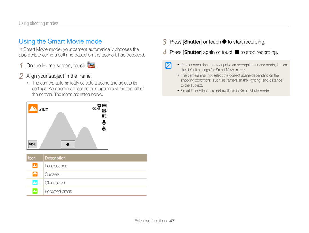 Samsung ECMV800ZBPBUS user manual Using the Smart Movie mode, Press Shutter or touch to start recording 